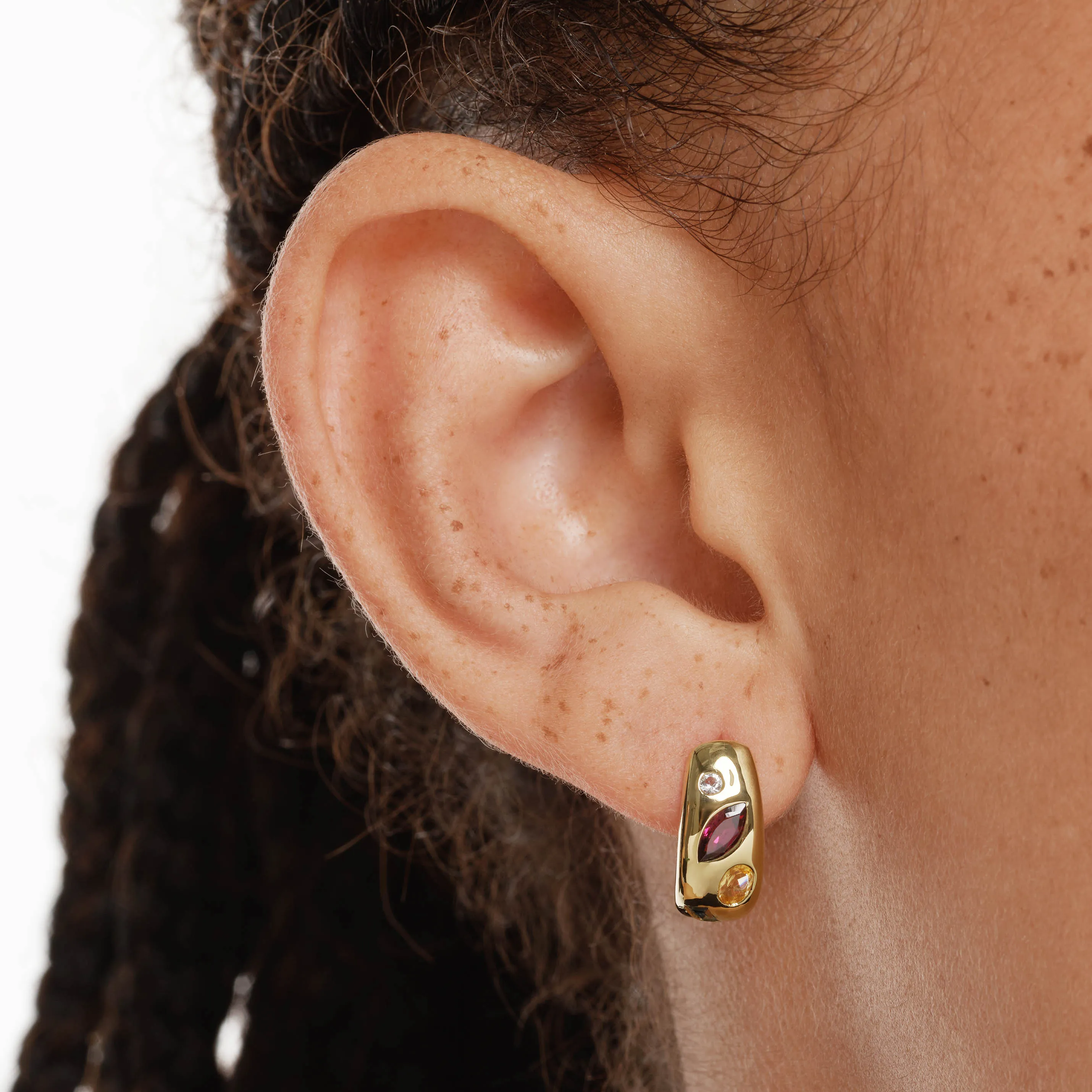 Garnet Multi Gemstone Curve Huggies in Gold