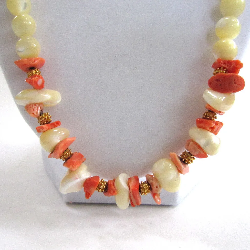 Gold-Tone Polished Stone and Coral Bead Necklace