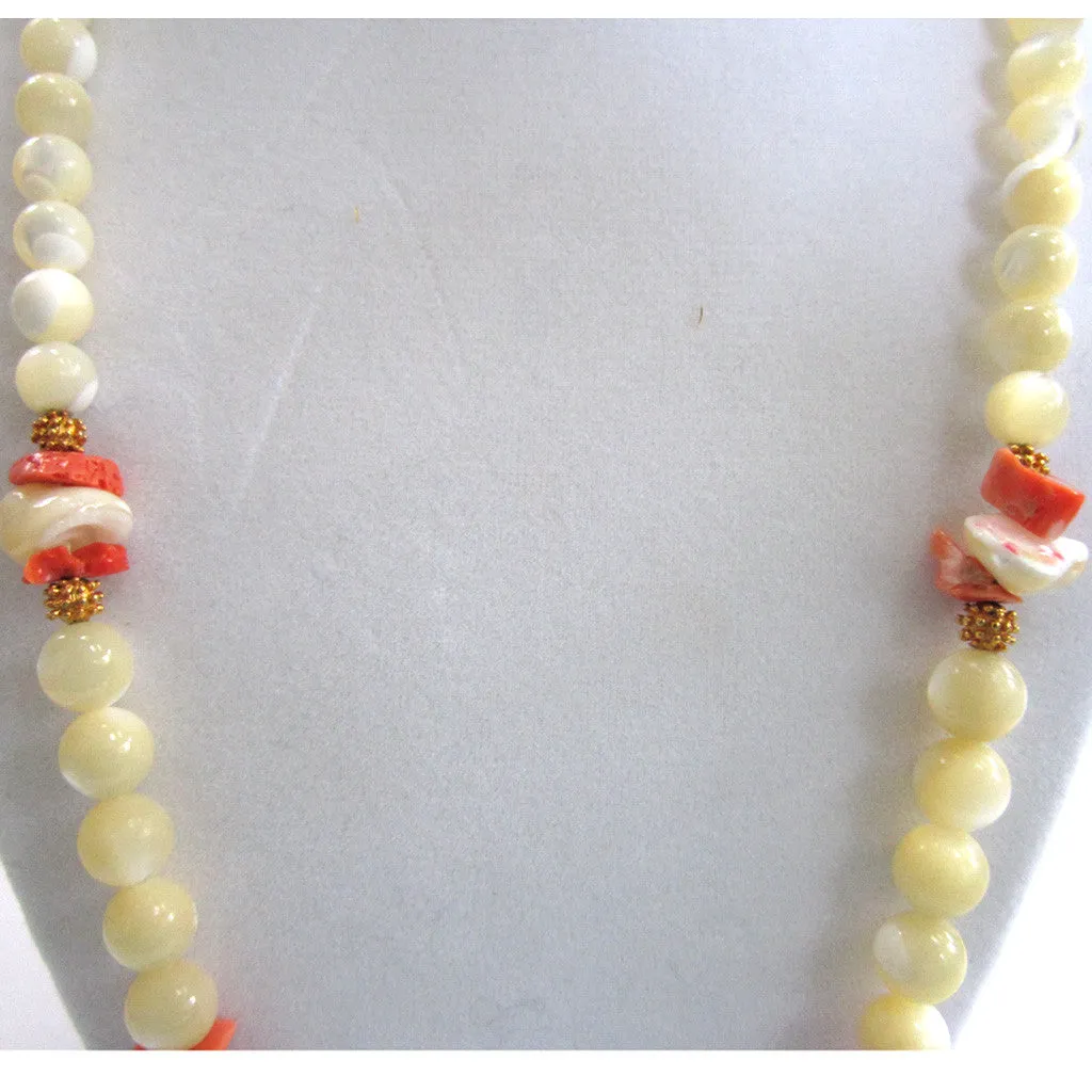Gold-Tone Polished Stone and Coral Bead Necklace