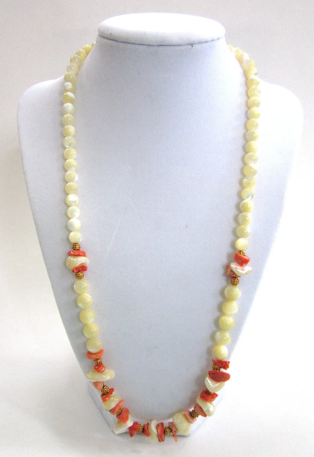 Gold-Tone Polished Stone and Coral Bead Necklace