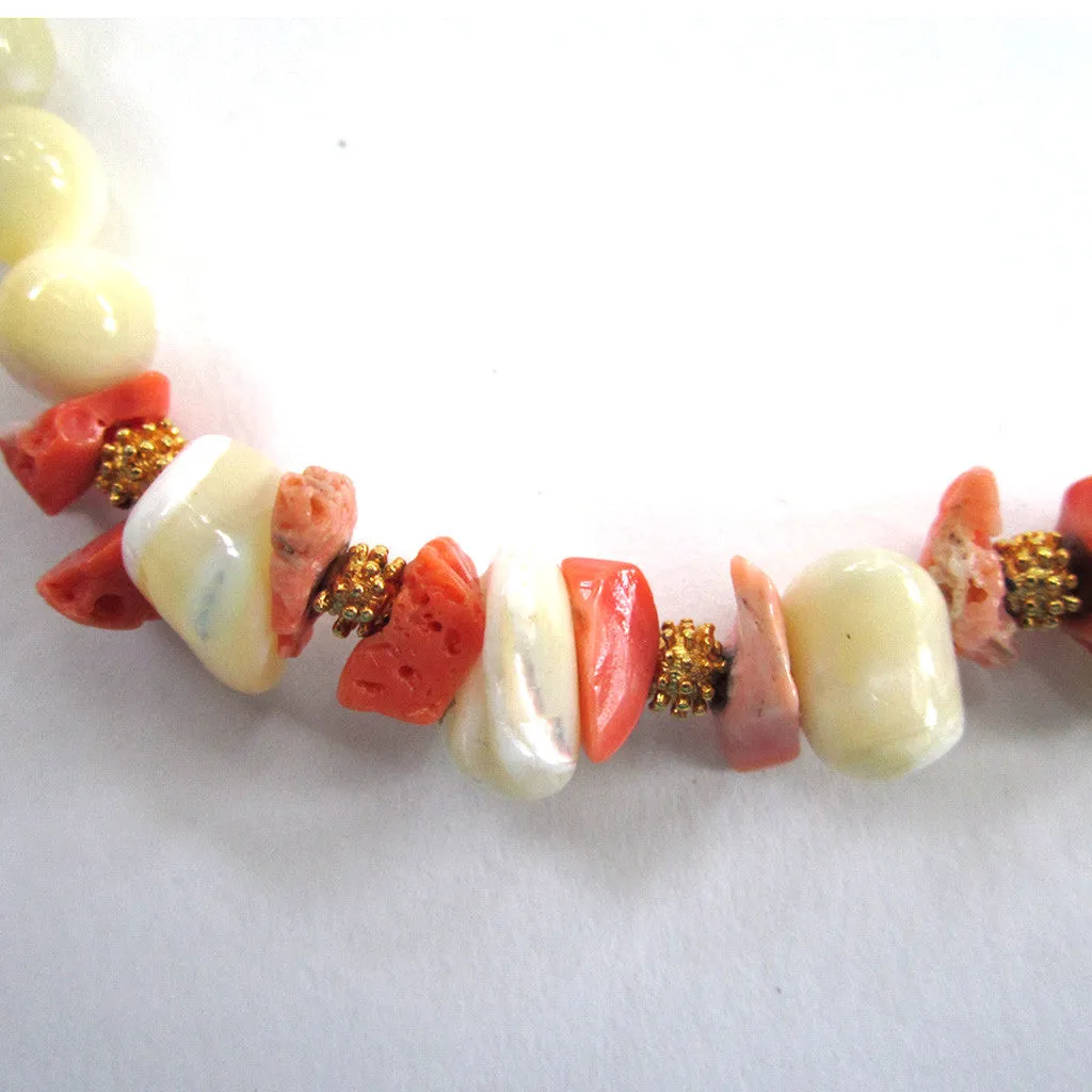 Gold-Tone Polished Stone and Coral Bead Necklace