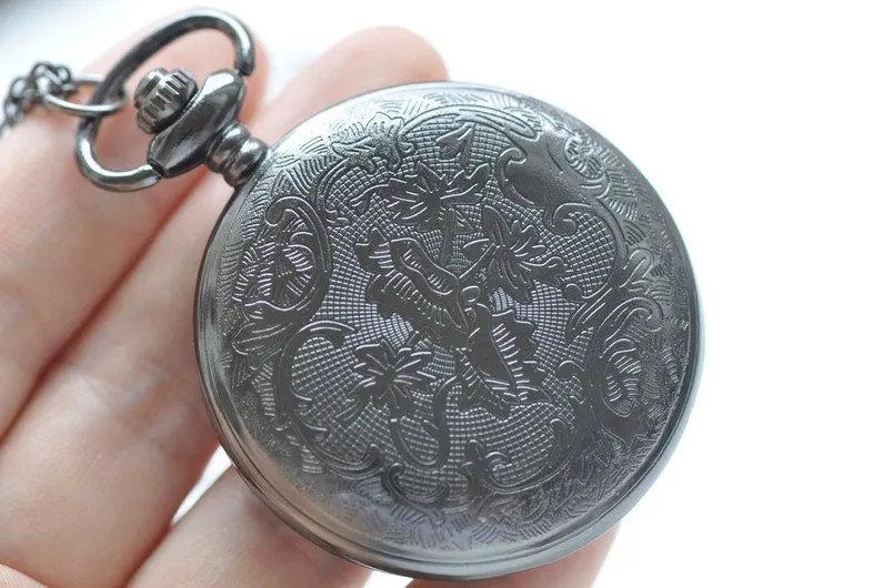Gunmetal Black Large Filigree Flower Round Pocket Watch Set of 1 A4322