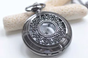 Gunmetal Black Large Filigree Flower Round Pocket Watch Set of 1 A4322