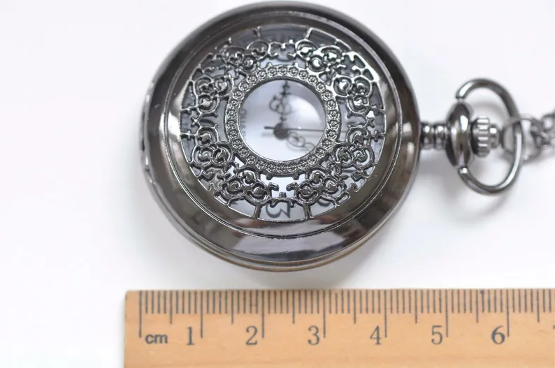 Gunmetal Black Large Filigree Flower Round Pocket Watch Set of 1 A4322