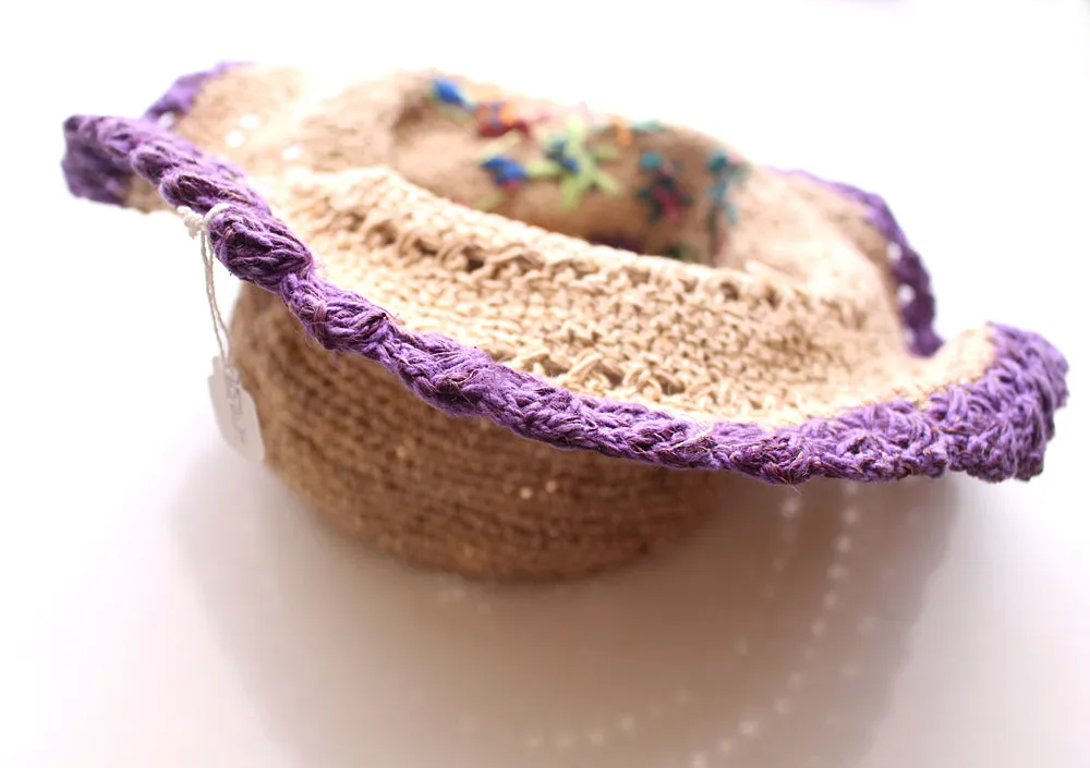 Hemp Hat with Purple Lining and Flower, Earthy Travel Hat, Hemp Tourist Hat
