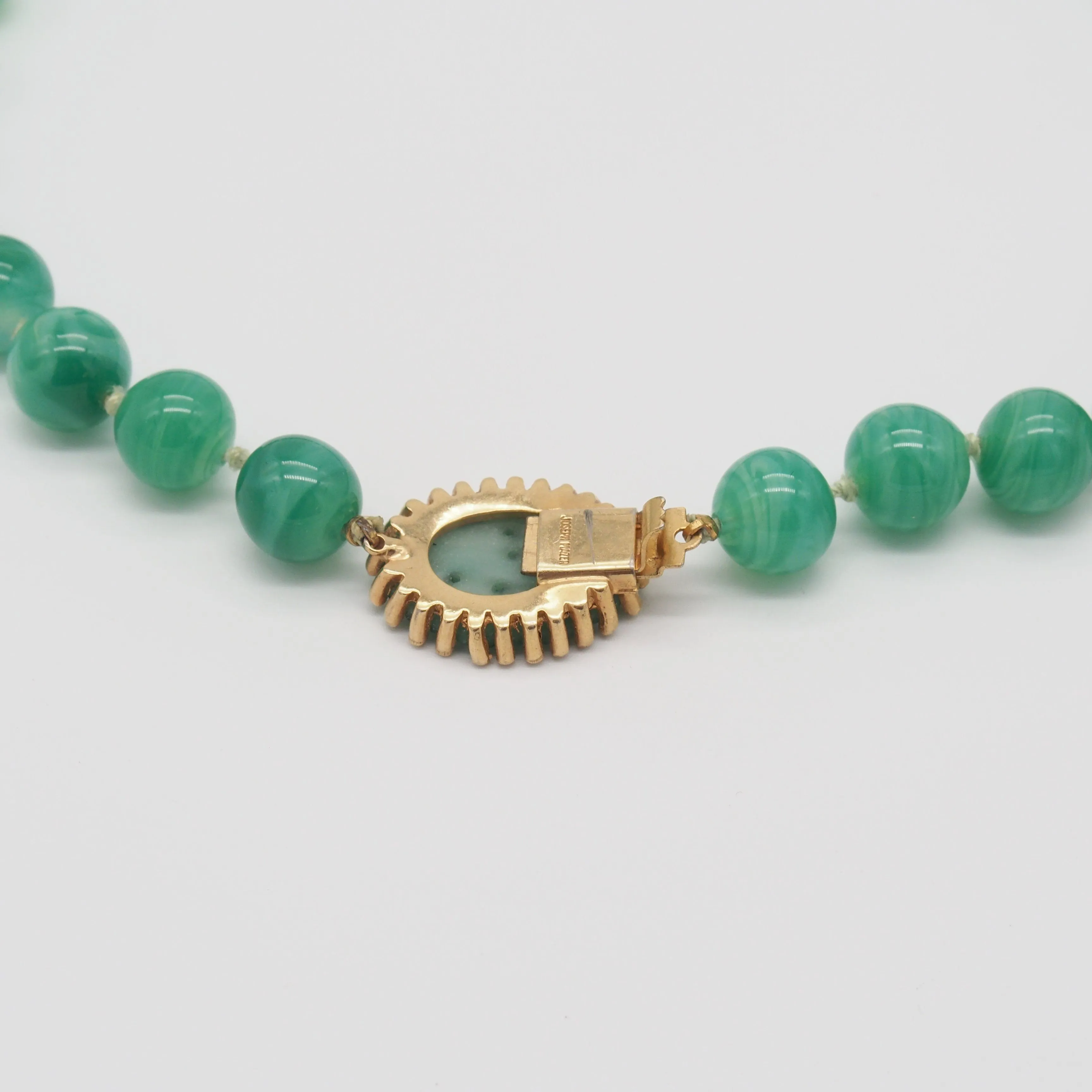 Jomaz Faux Carved Jade Molded Glass Beaded Necklace & Clip On Earrings