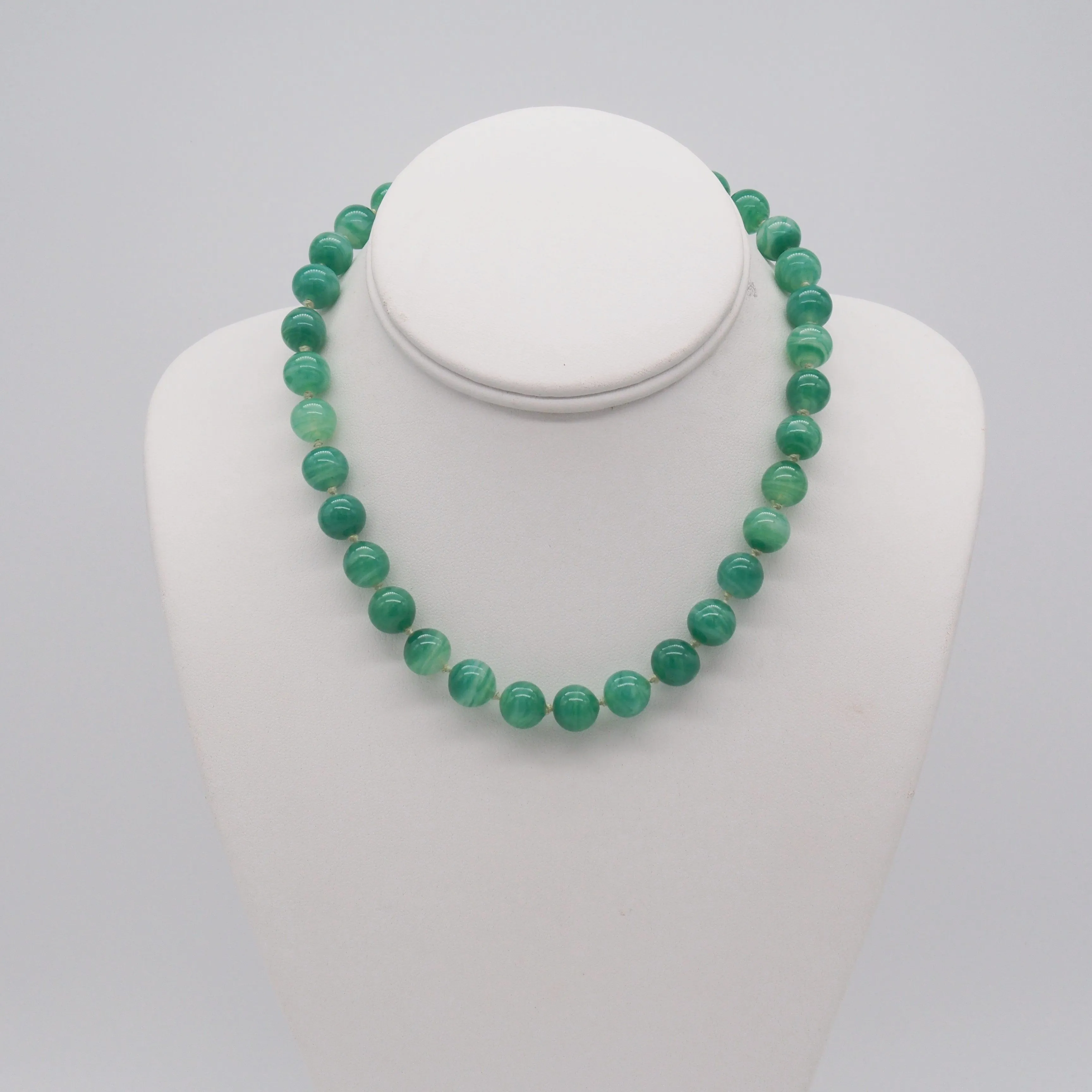 Jomaz Faux Carved Jade Molded Glass Beaded Necklace & Clip On Earrings