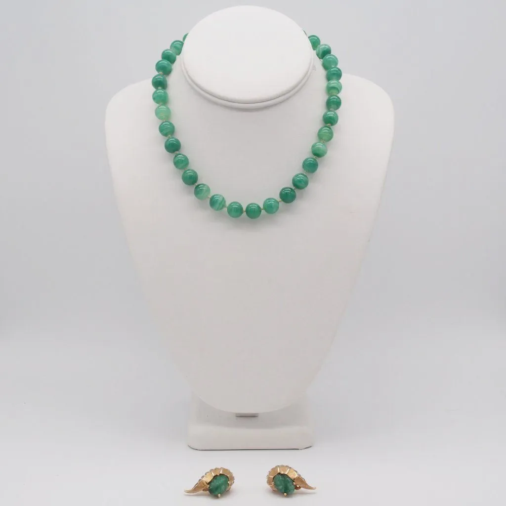 Jomaz Faux Carved Jade Molded Glass Beaded Necklace & Clip On Earrings