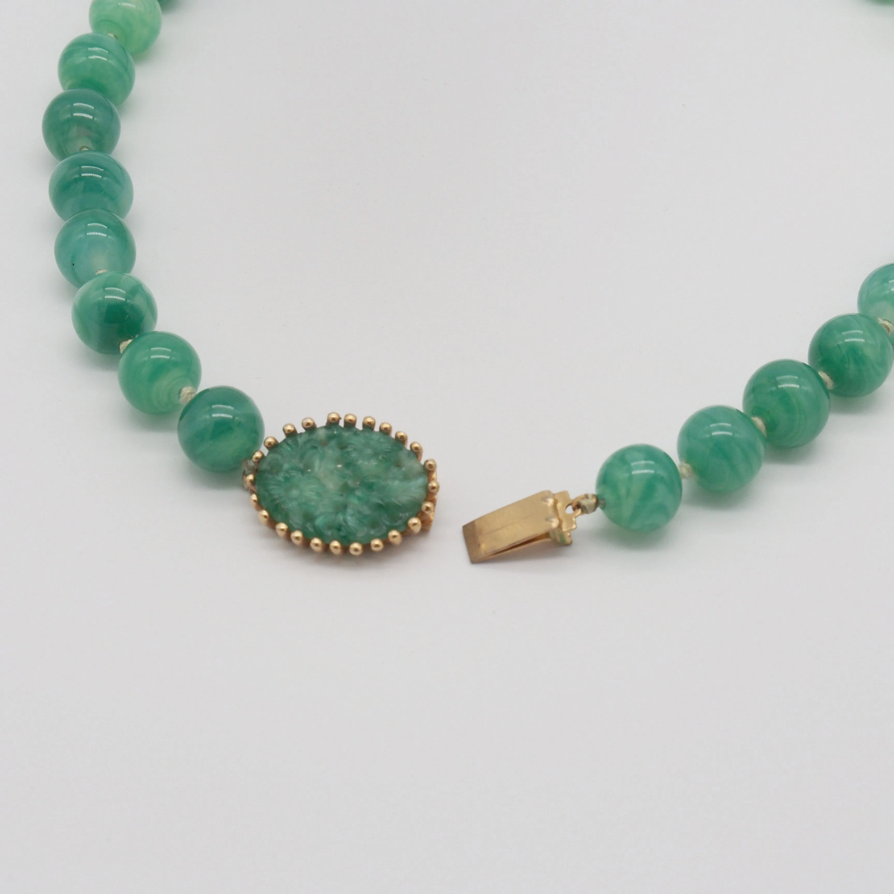 Jomaz Faux Carved Jade Molded Glass Beaded Necklace & Clip On Earrings