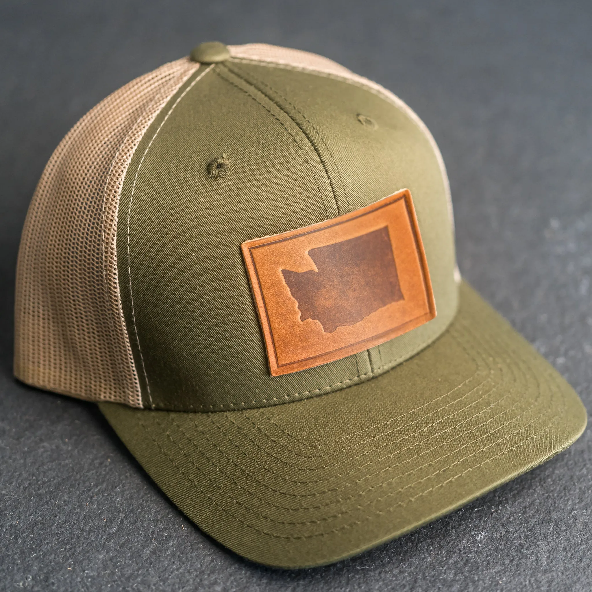 Leather Patch Trucker Style Hat - Washington Stamp