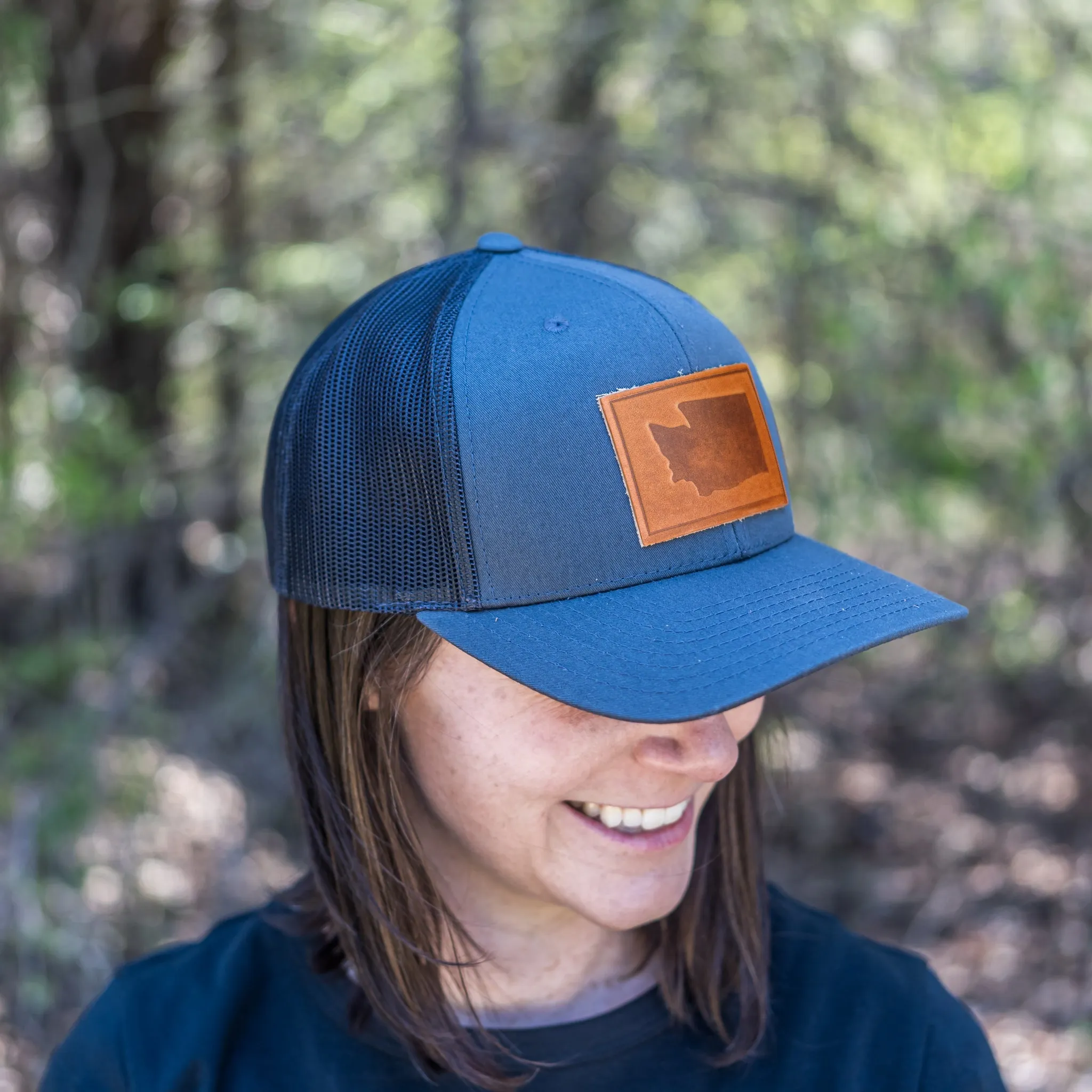 Leather Patch Trucker Style Hat - Washington Stamp