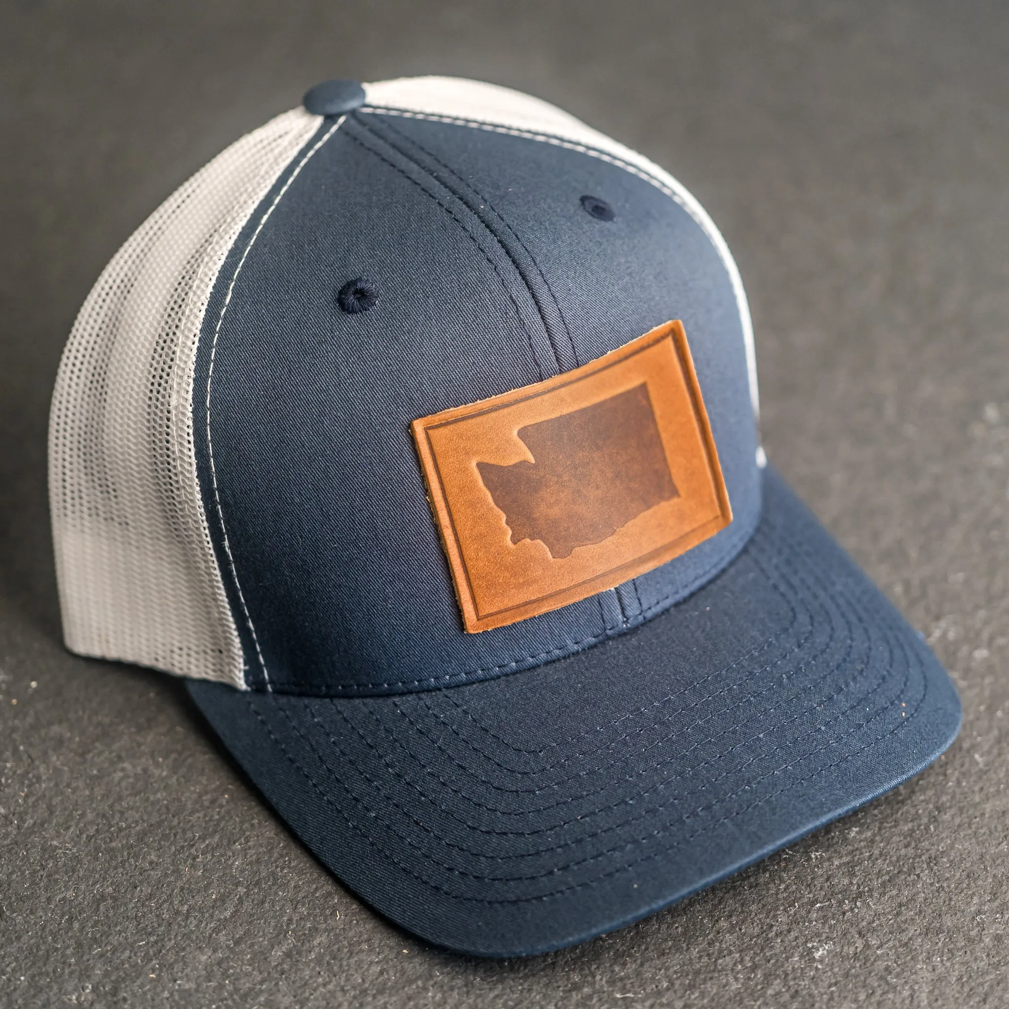 Leather Patch Trucker Style Hat - Washington Stamp