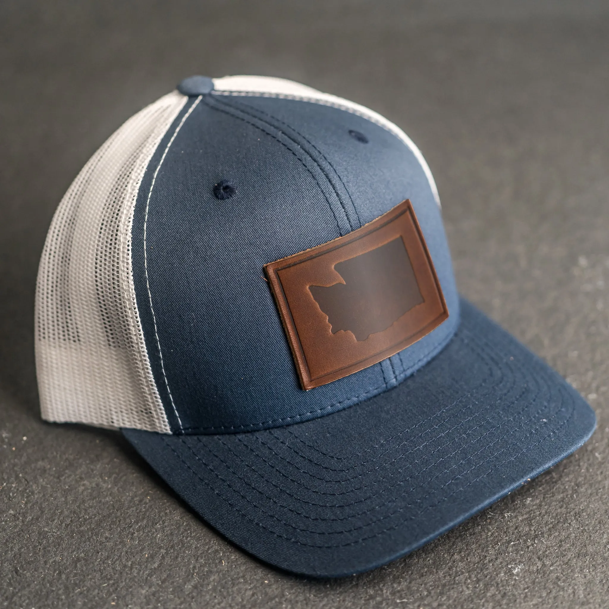 Leather Patch Trucker Style Hat - Washington Stamp