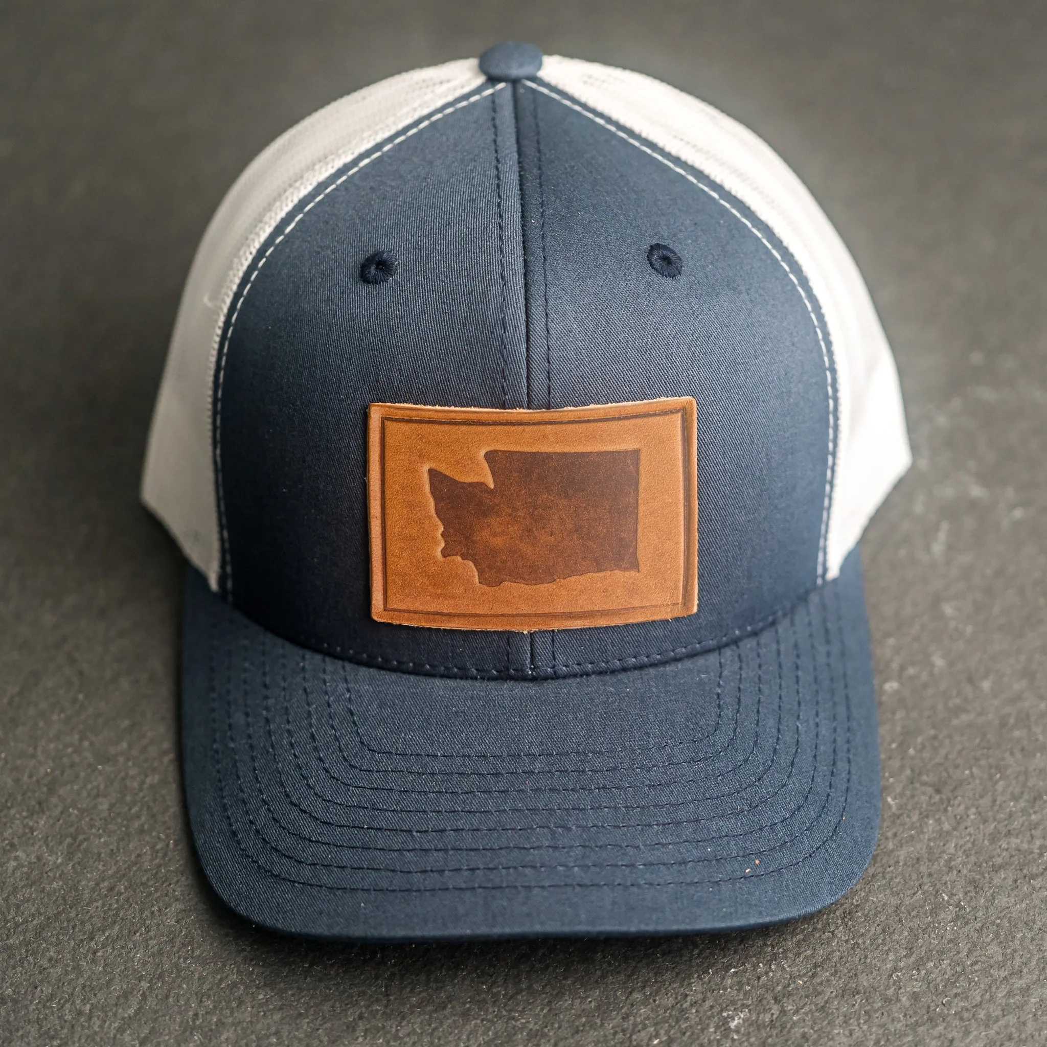 Leather Patch Trucker Style Hat - Washington Stamp