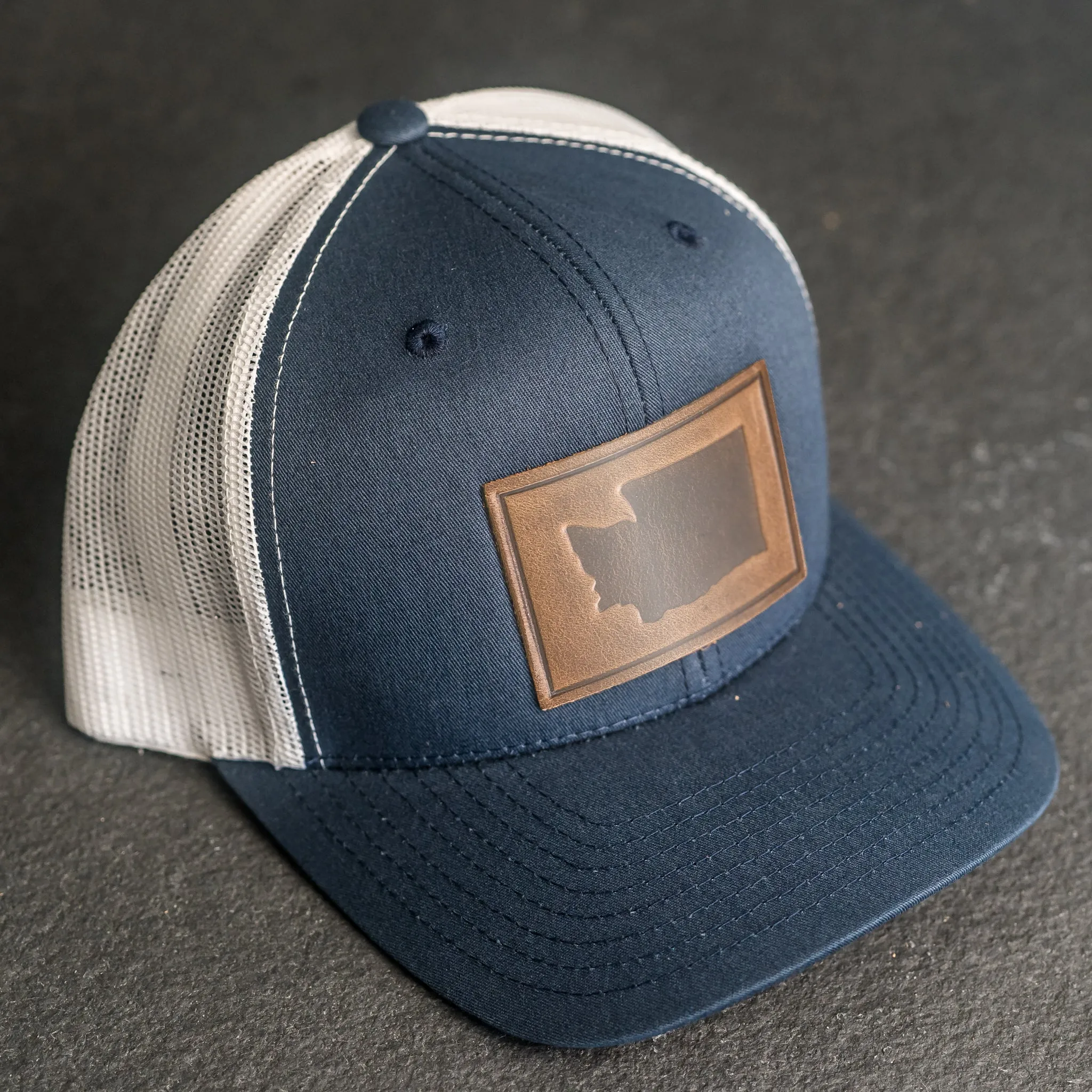 Leather Patch Trucker Style Hat - Washington Stamp