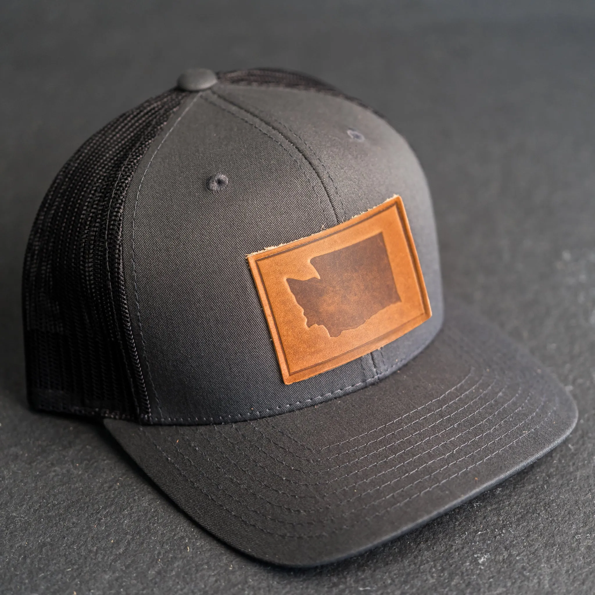 Leather Patch Trucker Style Hat - Washington Stamp