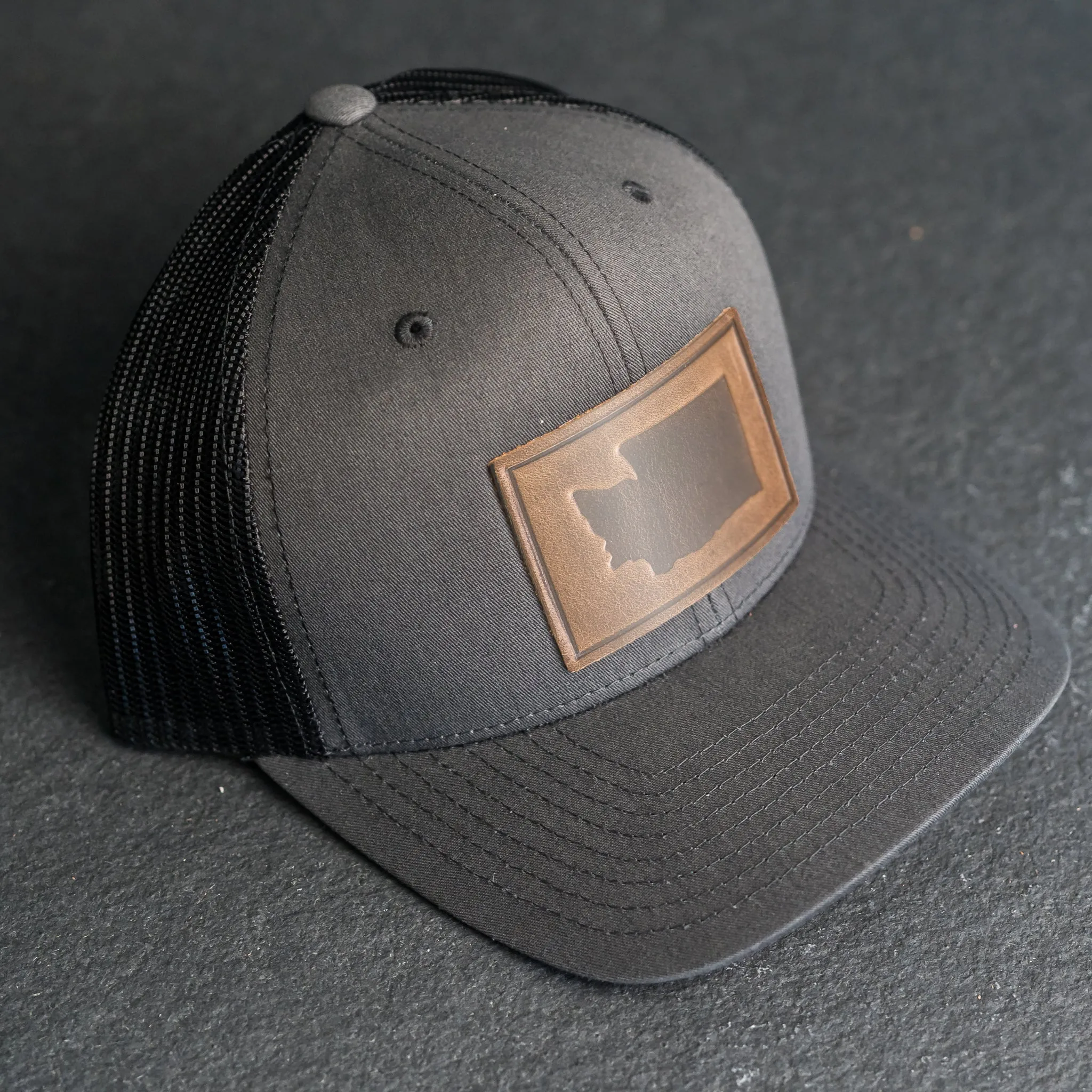 Leather Patch Trucker Style Hat - Washington Stamp