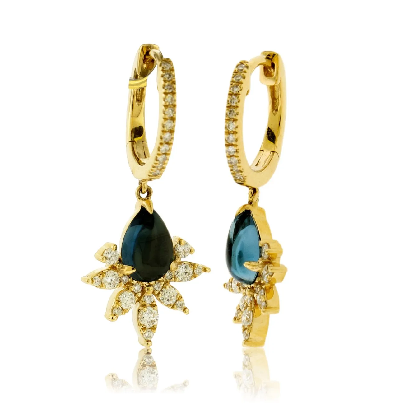 London Blue Topaz Cabochon & Diamond Burst Drop Earrings