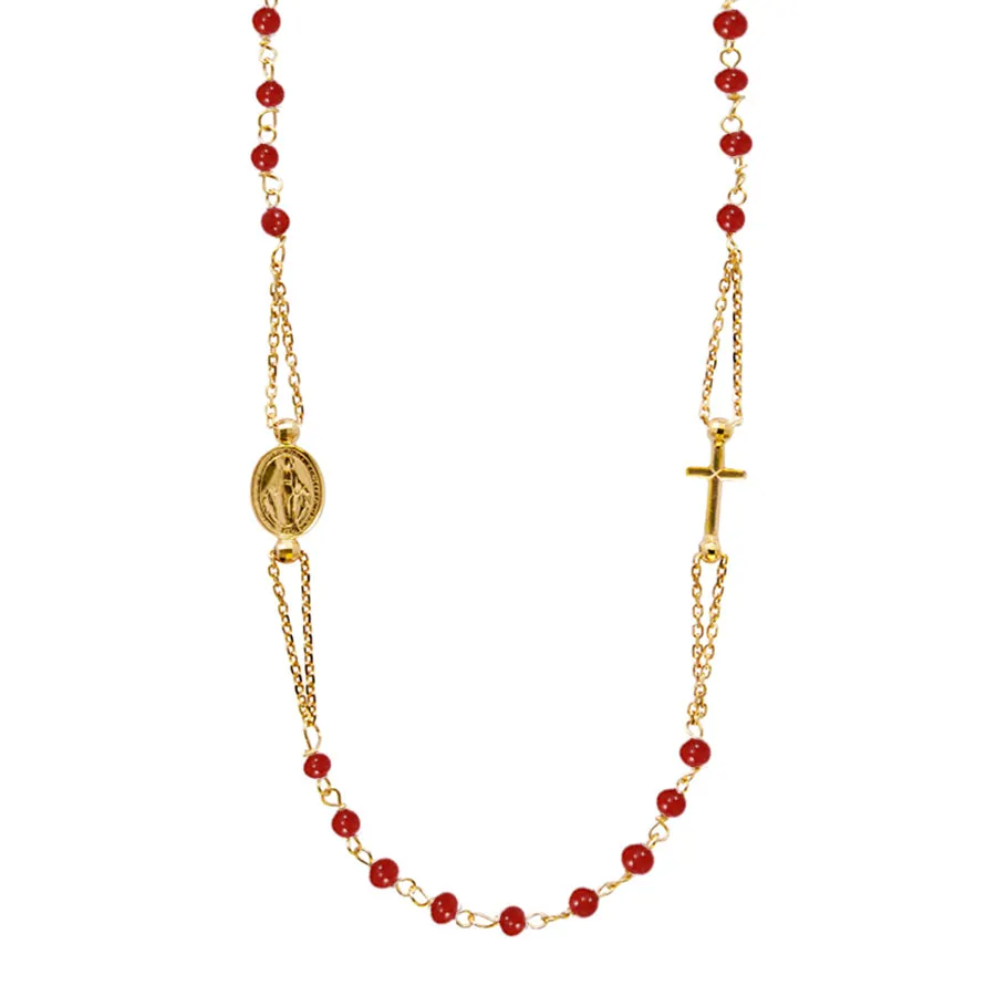 MIRACULOUS AND CROSS - CORAL NECKLACE - GOLD