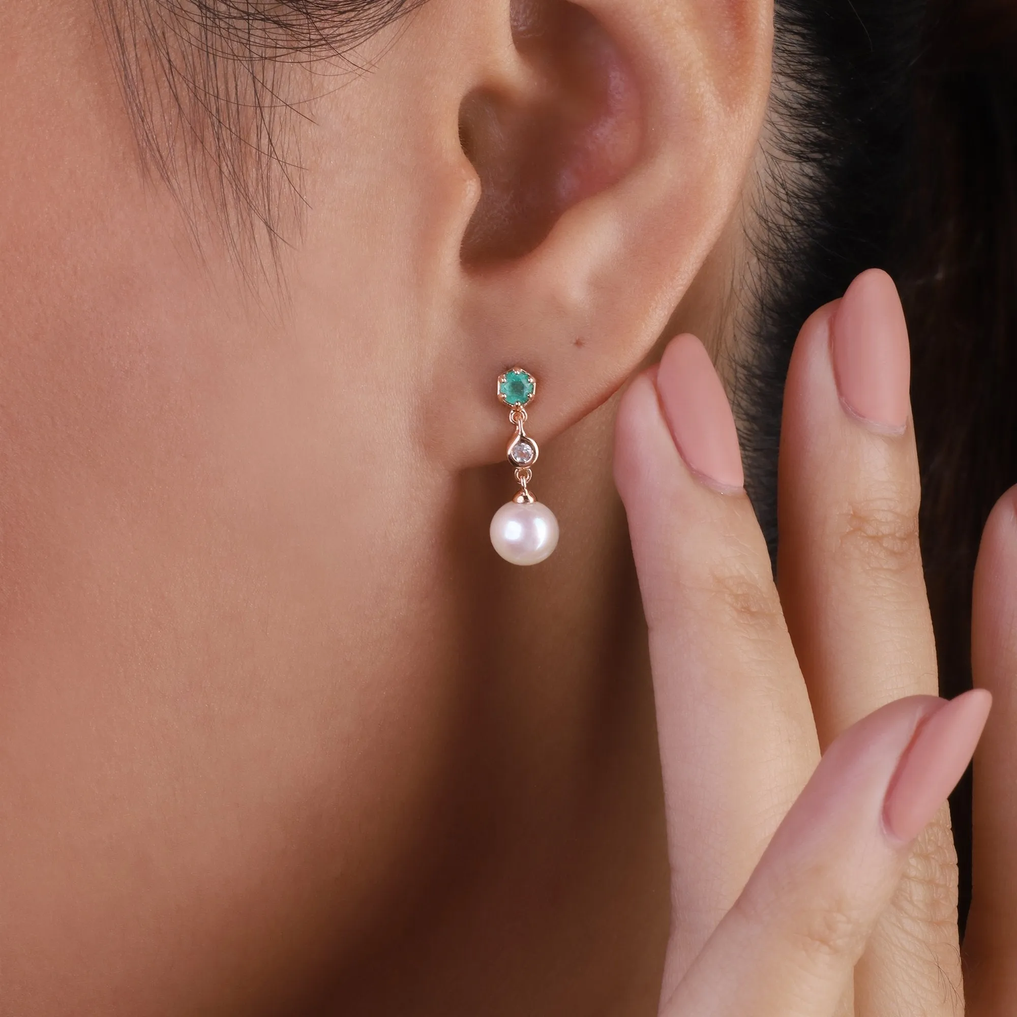 Moderne Perle, Smaragd & Topas Asymmetrische Tropfen Ohrringe in Rose Vergoldetem Sterling Silber