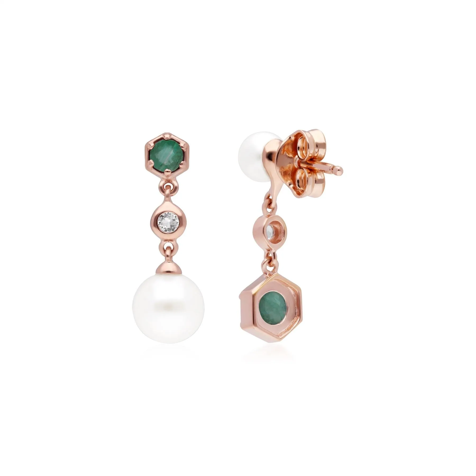 Moderne Perle, Smaragd & Topas Asymmetrische Tropfen Ohrringe in Rose Vergoldetem Sterling Silber