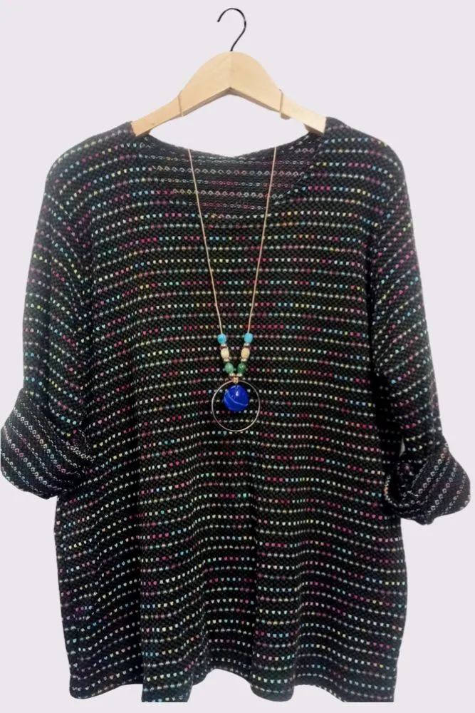 Multi Stripe Pattern Knitted Long Sleeve Necklace Jumper