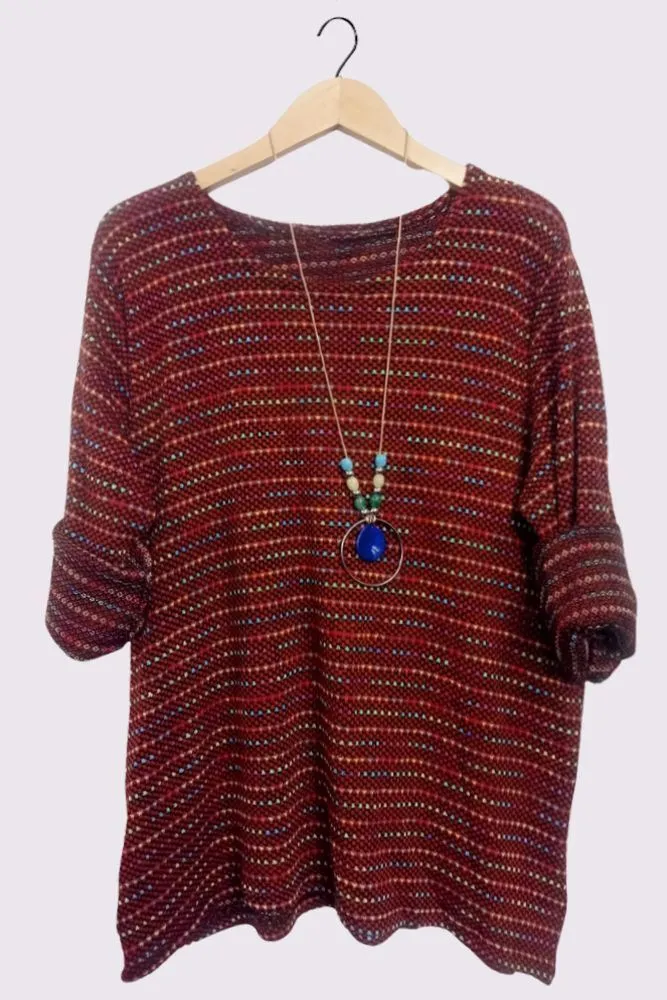 Multi Stripe Pattern Knitted Long Sleeve Necklace Jumper