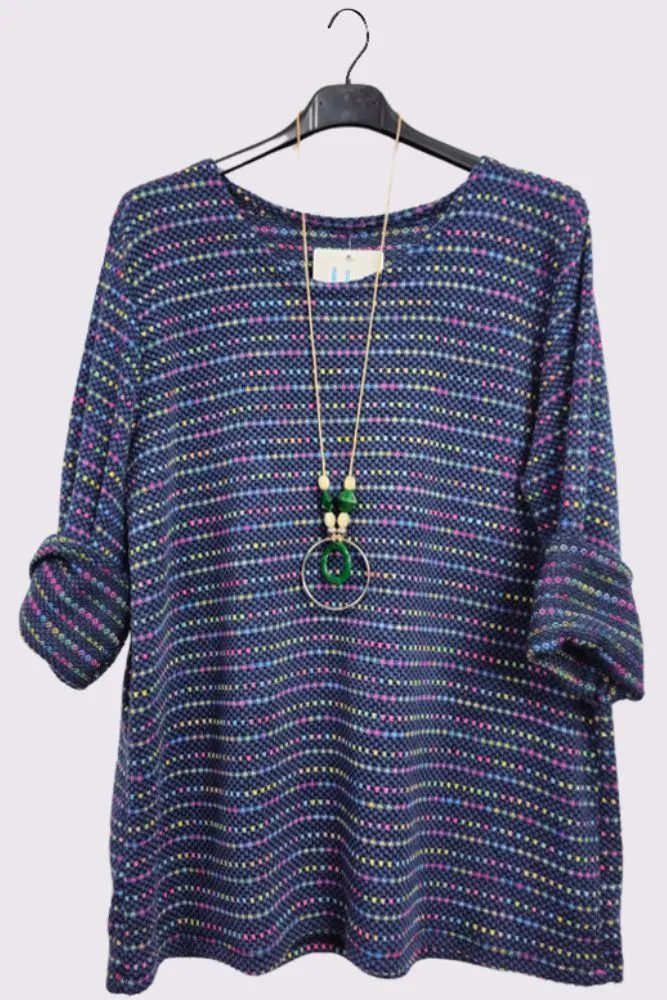 Multi Stripe Pattern Knitted Long Sleeve Necklace Jumper