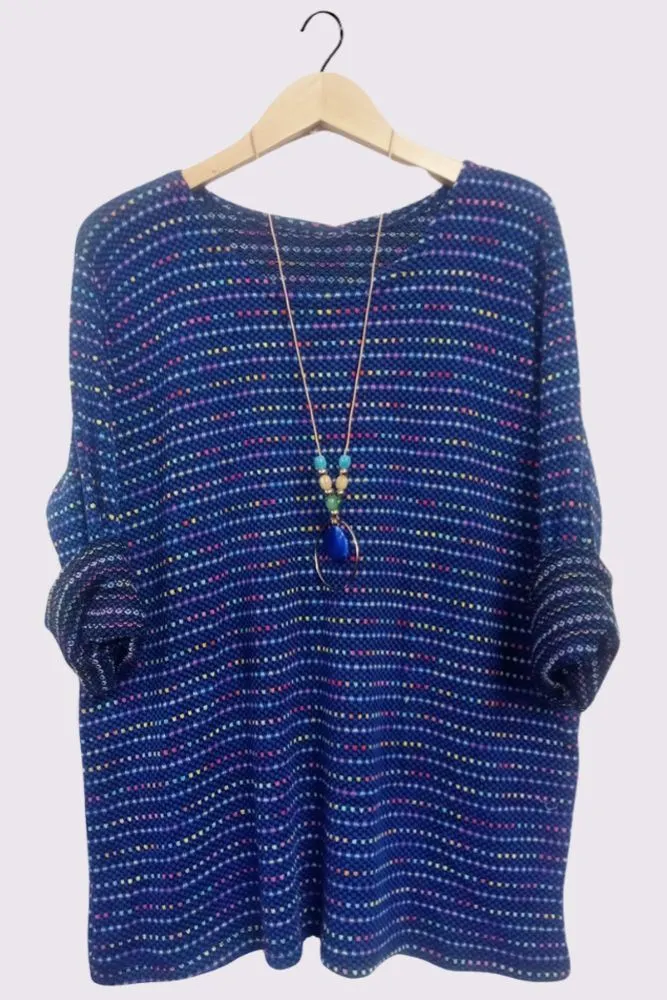 Multi Stripe Pattern Knitted Long Sleeve Necklace Jumper