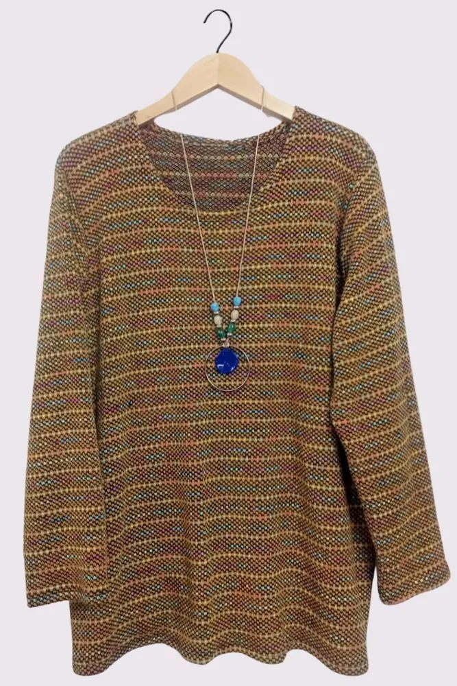 Multi Stripe Pattern Knitted Long Sleeve Necklace Jumper