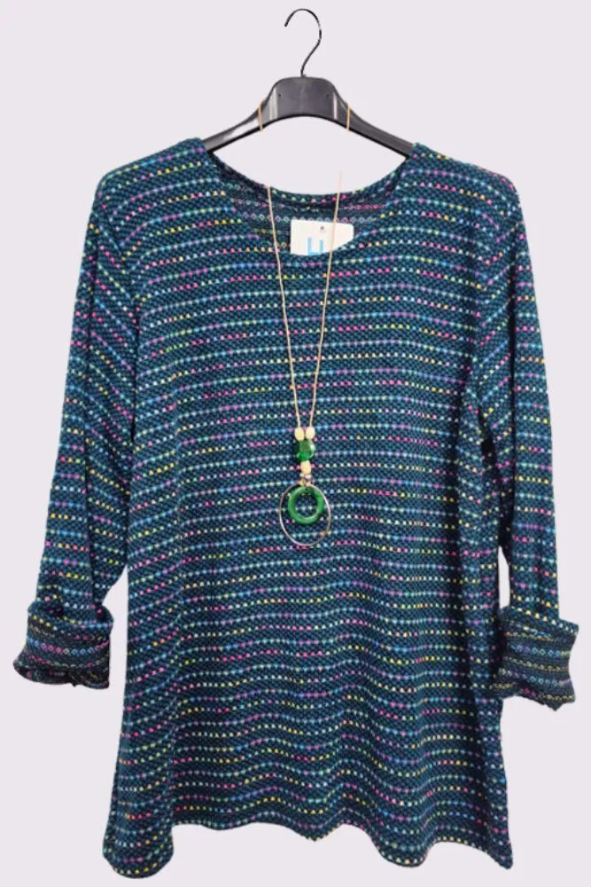Multi Stripe Pattern Knitted Long Sleeve Necklace Jumper
