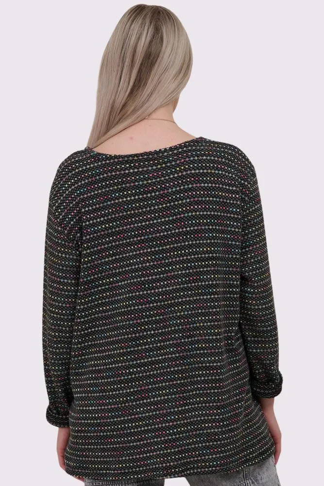 Multi Stripe Pattern Knitted Long Sleeve Necklace Jumper