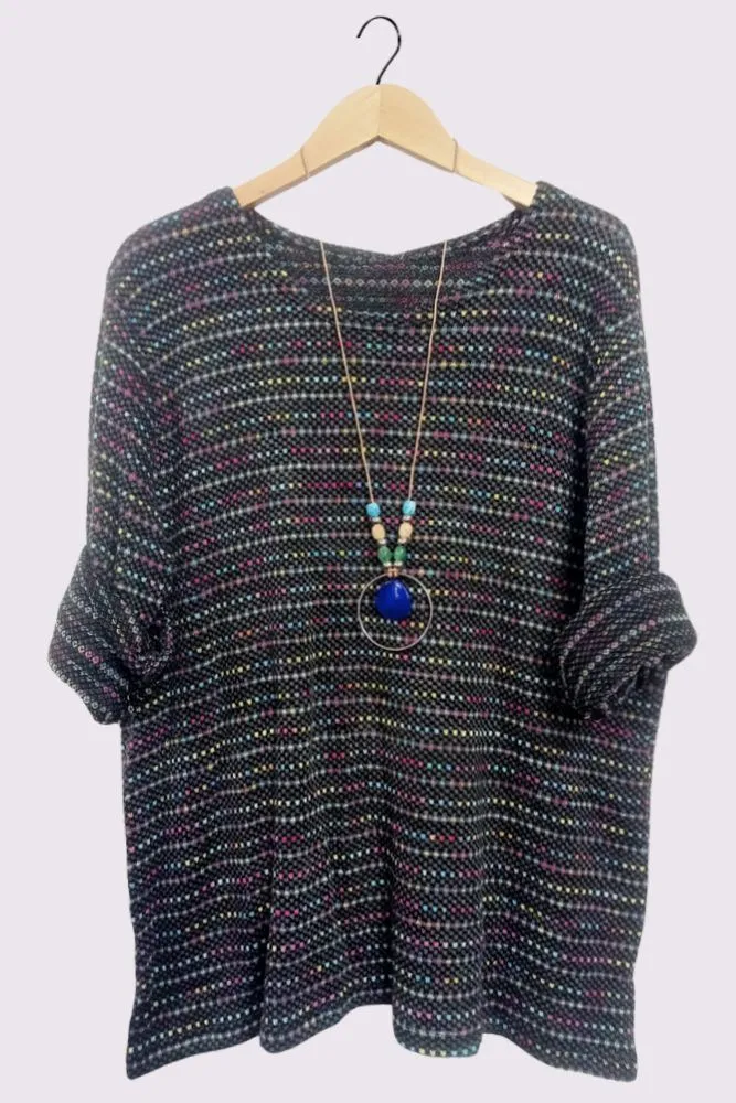 Multi Stripe Pattern Knitted Long Sleeve Necklace Jumper