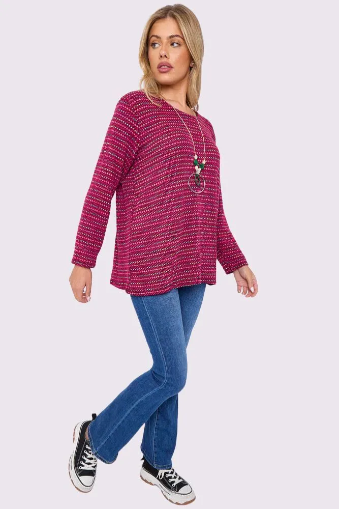 Multi Stripe Pattern Knitted Long Sleeve Necklace Jumper