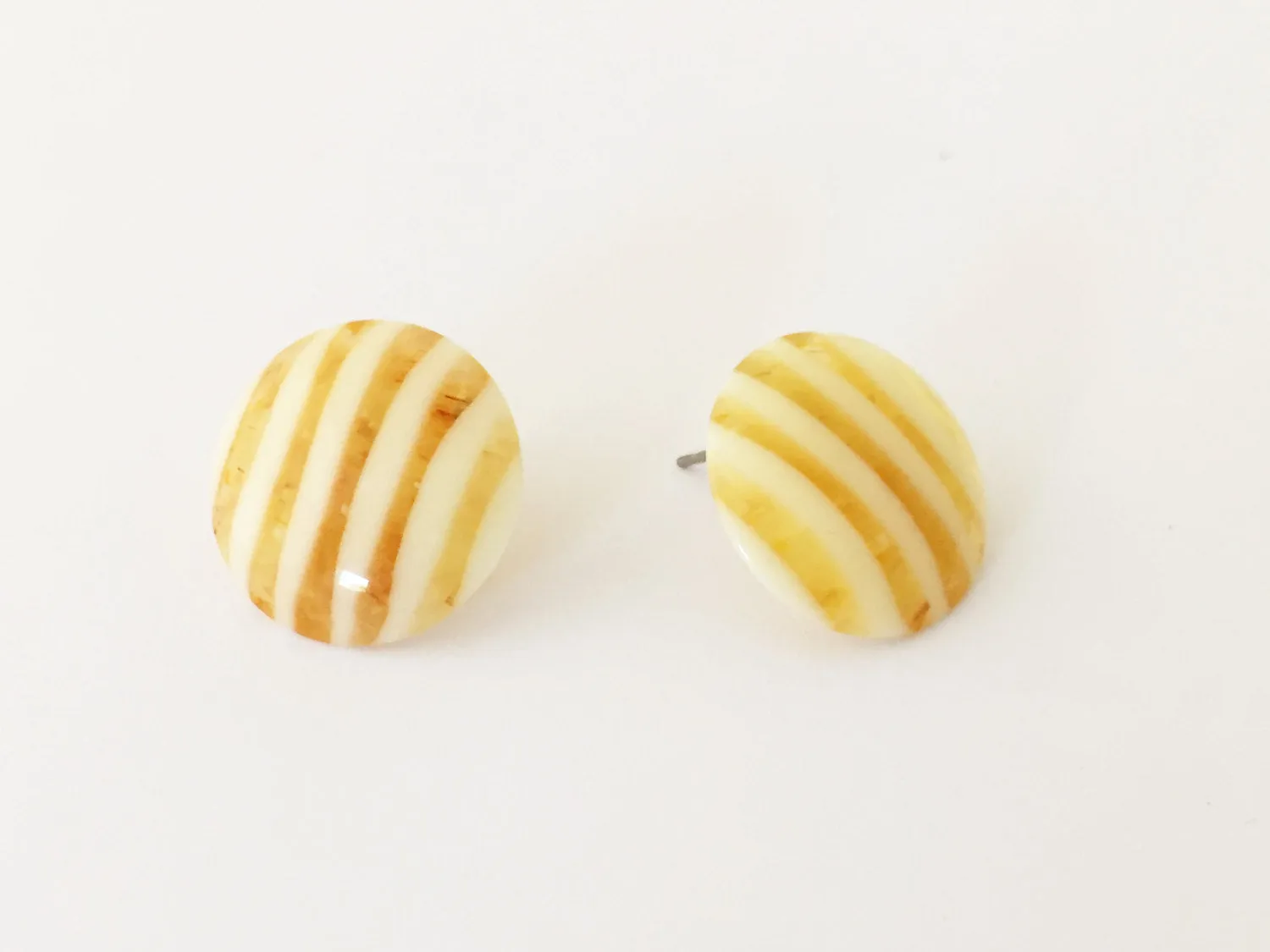 Mustard Yellow & Cream Striped Disc Stud Earrings