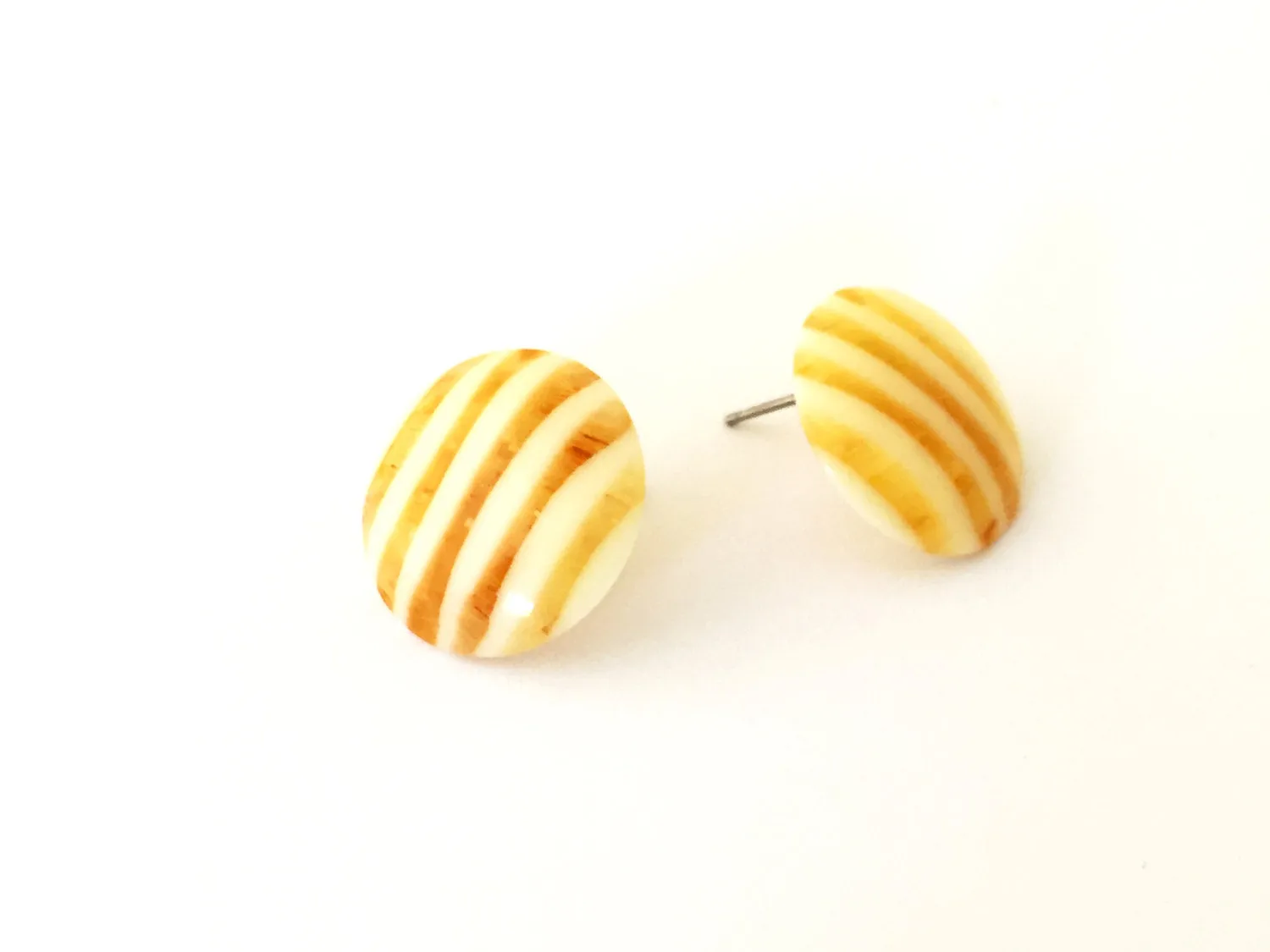 Mustard Yellow & Cream Striped Disc Stud Earrings