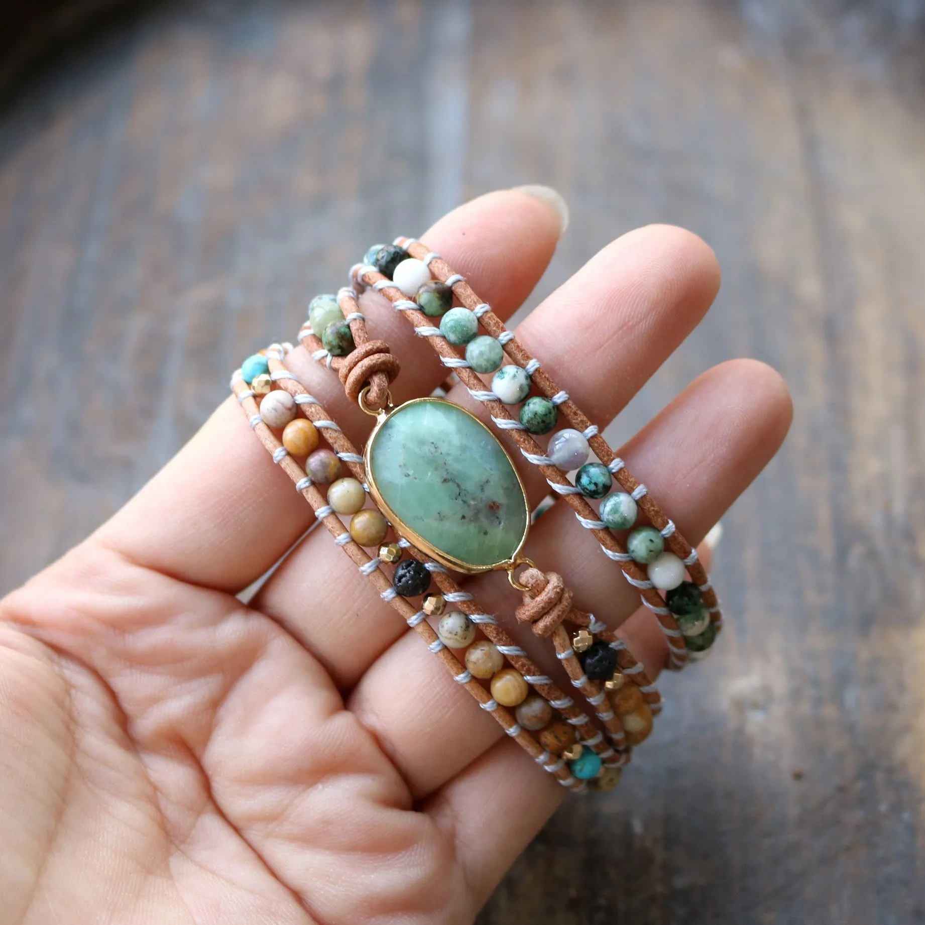 Natural Green Jade, Jasper and Moss Agate Gemstone Wrap Bracelet for Women Charms Gifts for Mom