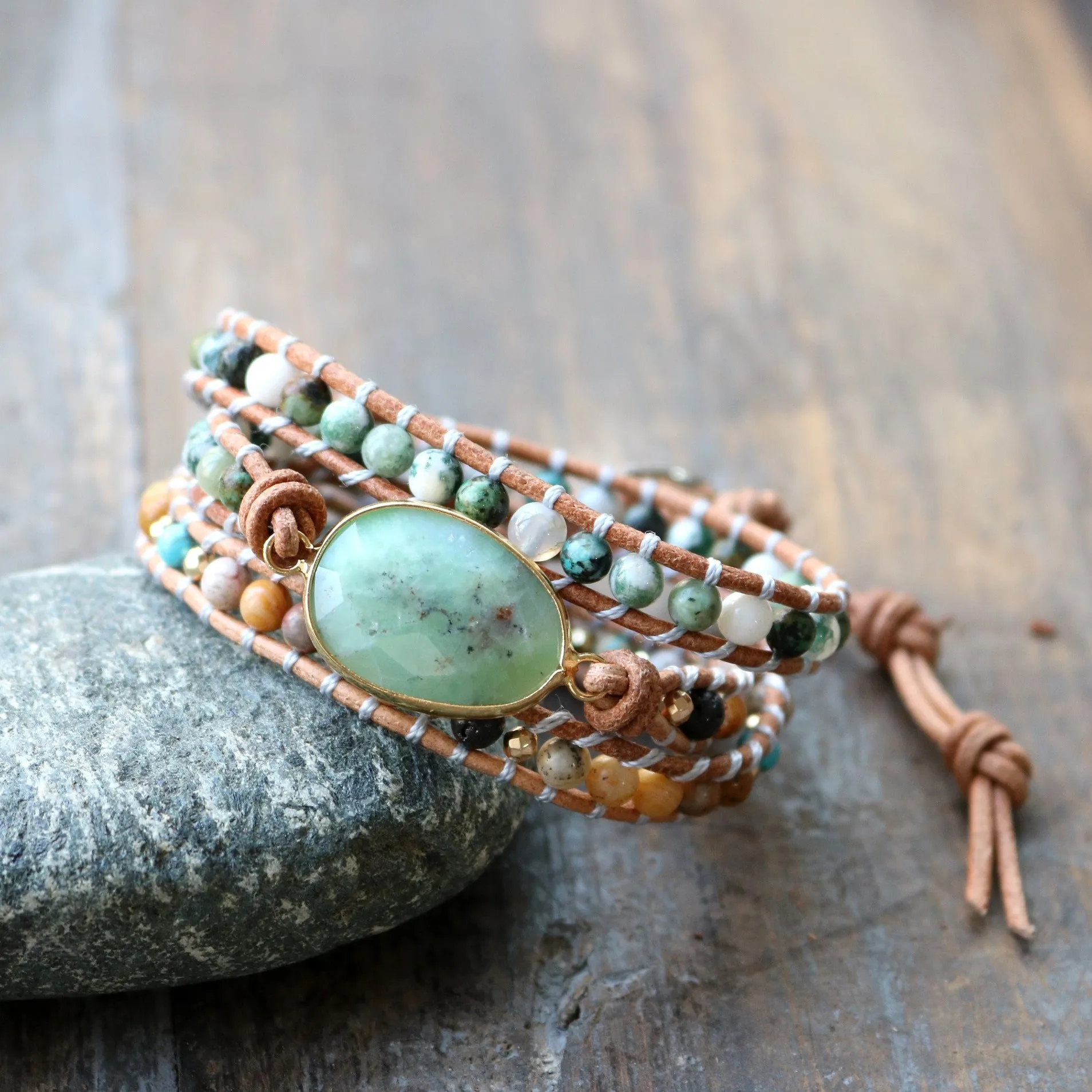 Natural Green Jade, Jasper and Moss Agate Gemstone Wrap Bracelet for Women Charms Gifts for Mom