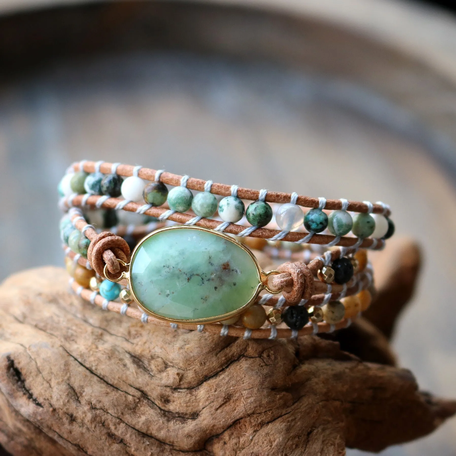 Natural Green Jade, Jasper and Moss Agate Gemstone Wrap Bracelet for Women Charms Gifts for Mom