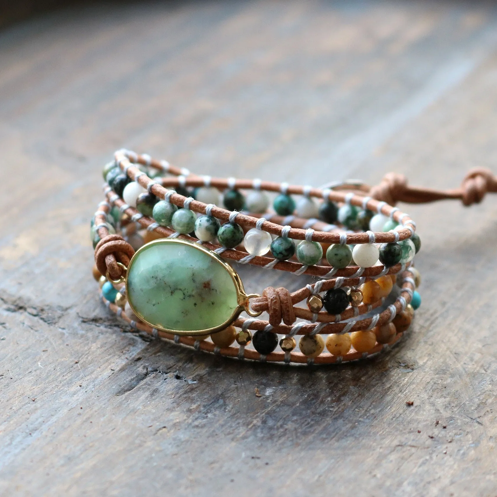 Natural Green Jade, Jasper and Moss Agate Gemstone Wrap Bracelet for Women Charms Gifts for Mom