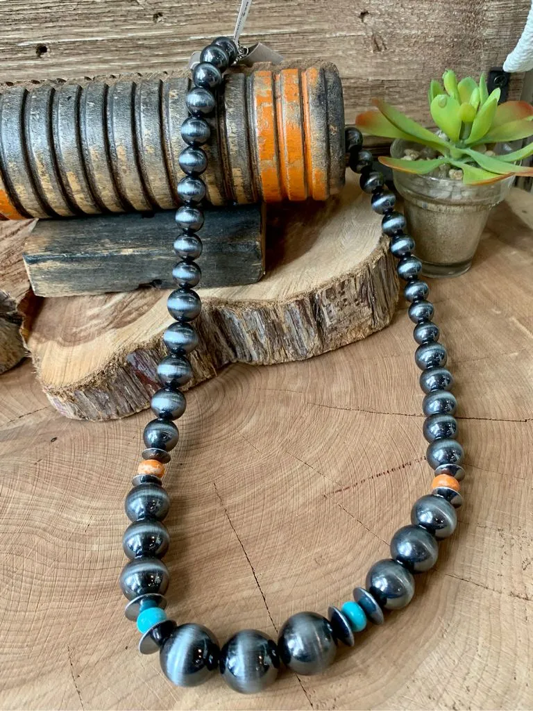 Navajo Style Pearl Turquoise Coral Bead Necklace