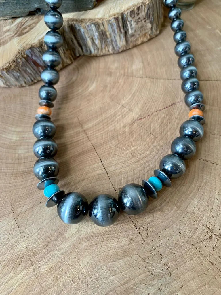Navajo Style Pearl Turquoise Coral Bead Necklace