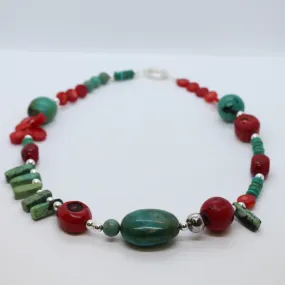 Necklace, Natural Coral and Turquoise Necklace and Silver, #220