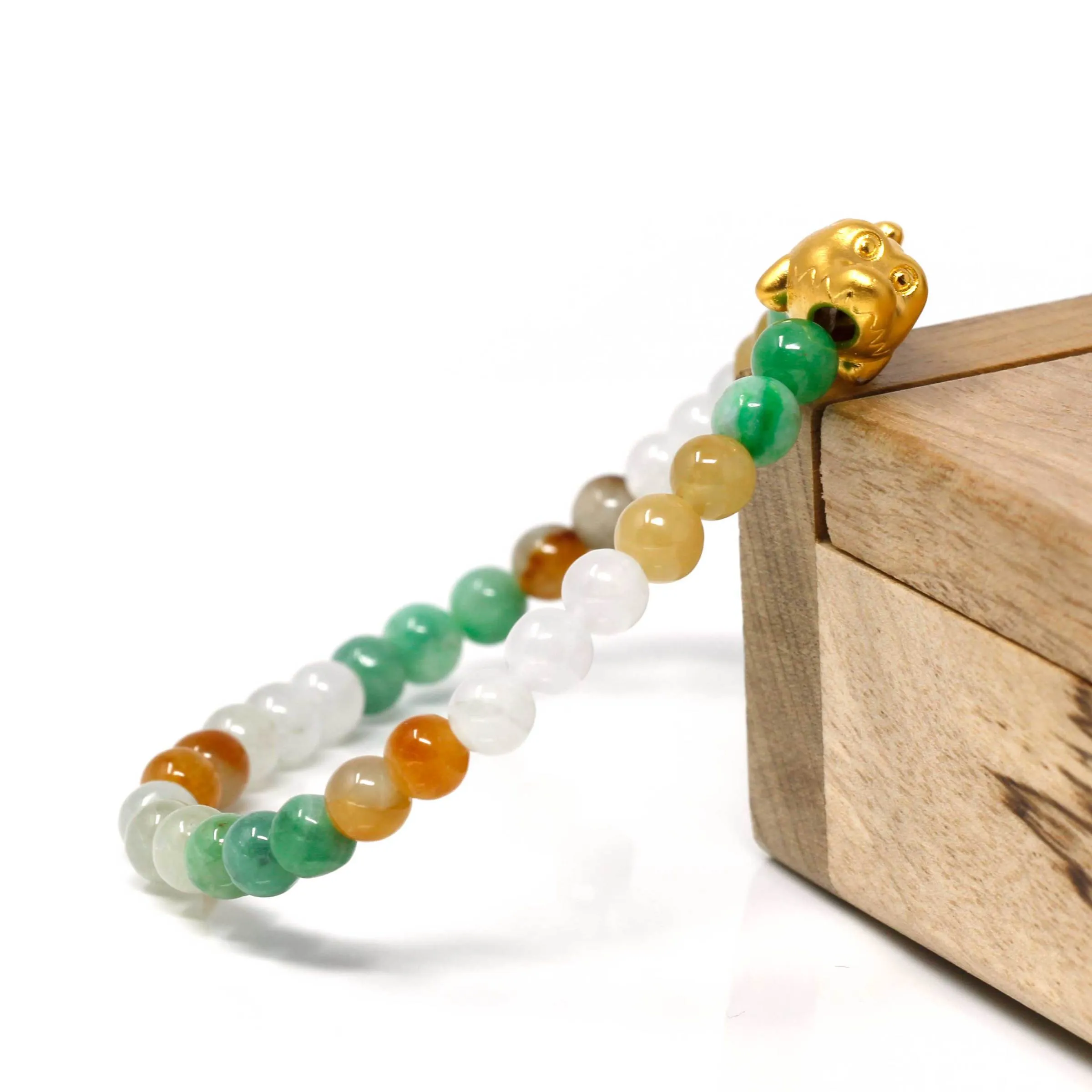 RealJade® "Cute Crocodile" Genuine High-quality Jade Jadeite Bracelet Bangle with 24k Yellow Gold Crocodile Charm Colorful #412