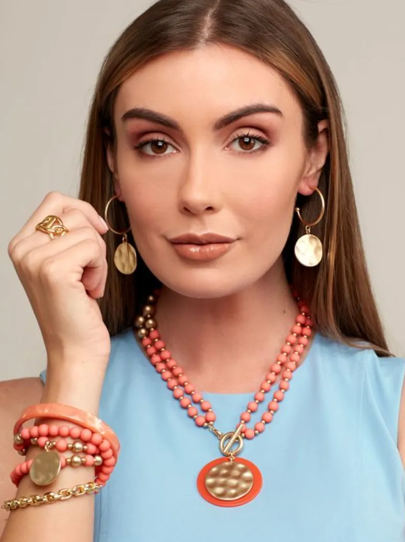 Resin and Matte Coin Beaded Long Necklace