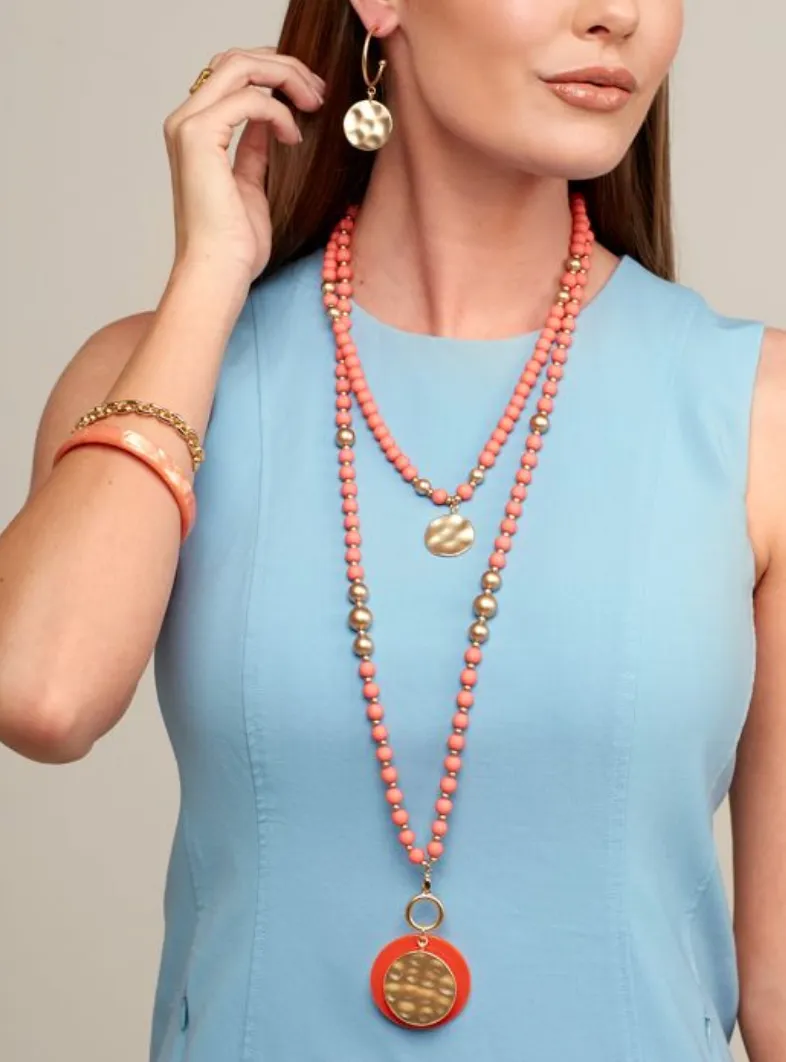 Resin and Matte Coin Beaded Long Necklace