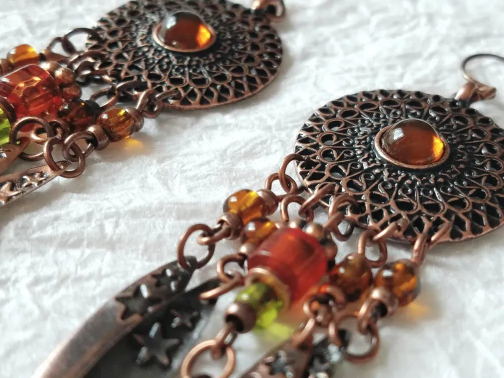Rustic Burnt Orange Dangle Arrow Fringe Drops and Faux Amber Earrings, QW09179: DreamCatcher of Fall