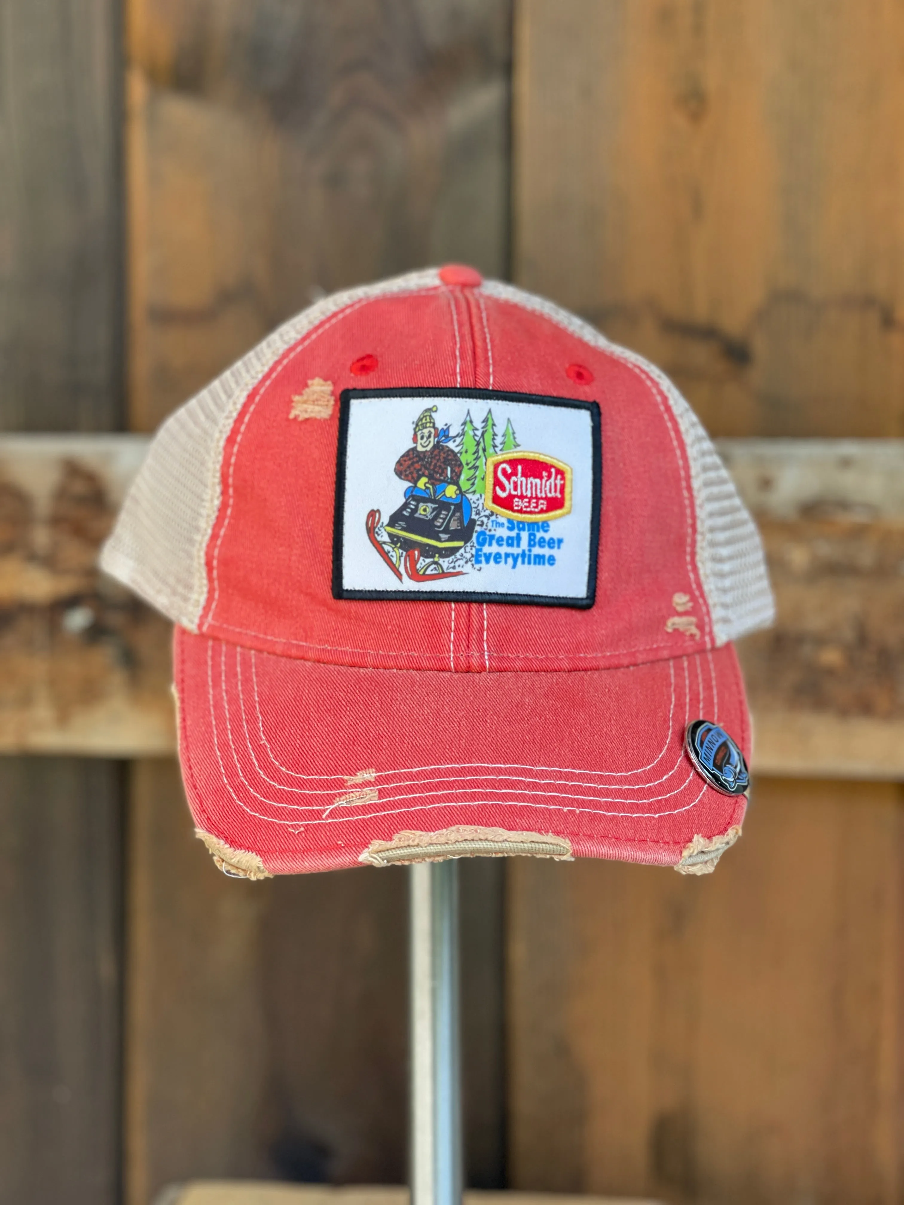 Schmidt Beer SNOWMOBILE hat- Distressed Red Snapback