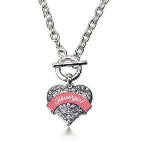 Silver Coral Flower Girl Pave Heart Charm Toggle Necklace