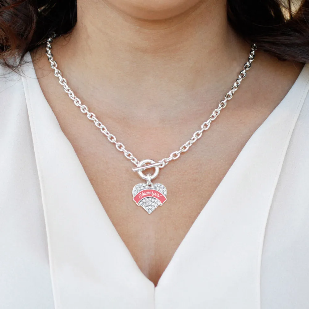 Silver Coral Flower Girl Pave Heart Charm Toggle Necklace
